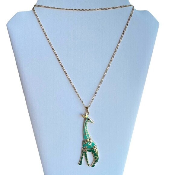 ARTICULATED (Hinged) Giraffe Safari Enamel Golden Green Pendant Necklace 29.5 in - Picture 5 of 6